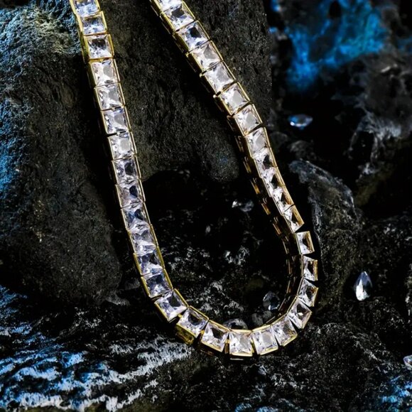 18K Gold Mens Square 2ct Diamond Tennis Necklace Guys 18K Silver 18" Jewelry NEW - Picture 2 of 7